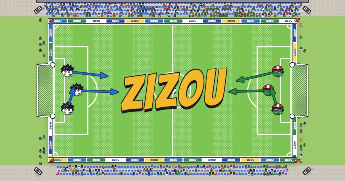 Zizou : deux équipes de persos manga sur un terrain de foot, leurs flèches de tir dessinées